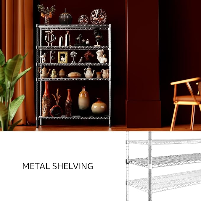 IZEUK 4250 LBS Garage Shelving Wide Storage Shelves 5 Tier Metal Shelves Heavy Duty Adjustable Utility Shelf Rack Chrome 17.7" D x 59.1" W x 70.4" H-Ruum Studio Home