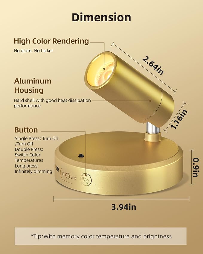 EZVALO LED Spotlight Indoor, 5500mAh Rechargeable Battery Uplighting Indoor, Wireless Mini Art Accent Spot Lights with Remote, for Plants Display Painting Dartboard Artwork Portrait Closet(2Pack-Gold)-Ruum Studio Home