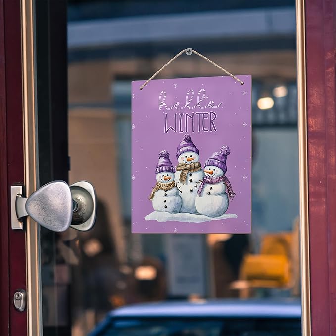 Purple Hello Winter Snowman Hanging Wooden Signs 10x8, Snowman Winter Signs, Winter Door Sign, Purple Snowman Winter Snowflakes Home Room Office Hanging Wall Decor-Ruum Studio Home