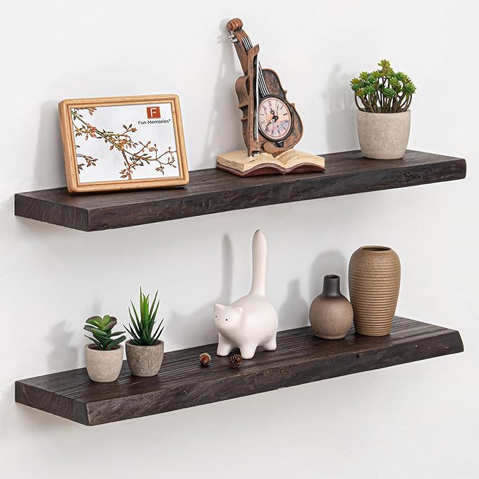 Floating Shelves for Wall, 32 Inch Floating Shelves Wall Mounted, Rustic Live Edge Elm Wood Floating Shelf for Home Decor, Heavy-Duty Storage Shelves for Books, Bathroom, Kitchen (Walnut, Set of 2)-Ruum Studio Home