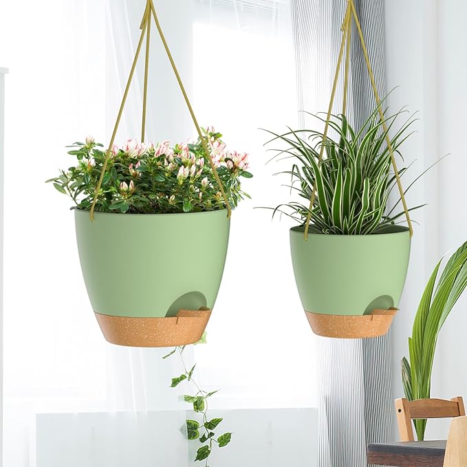 ZMTECH 10 Inch Hanging Planters for Indoor Outdoor Plants, 2 Pack Self Watering Hanging Plant Pots with Drainage Holes and Removable Saucer, Plastic Flower Hanging Pots with Watering Lip (Green)-Ruum Studio Home