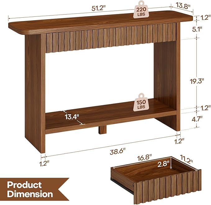 BECHAEO Mid Century Modern Console Table with Drawers, 51" Large 2-Tier Narrow Console Table with Storage Shelf, Sofa Station Behind The Couch, Accent Tables for Entryway, Hallway, Rustic Brown-Ruum Studio Home