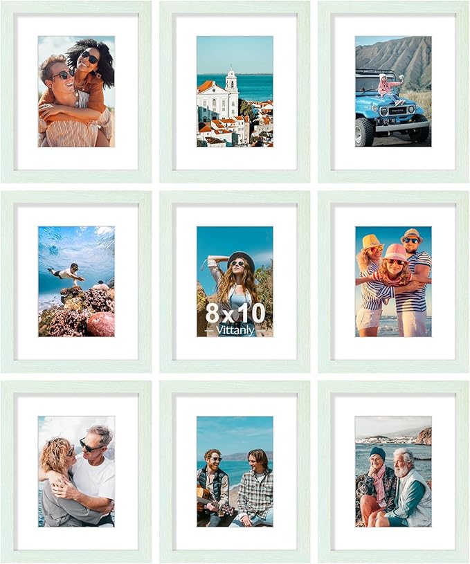 Vittanly 8x10 Picture Frames Set of 9, Shatter Resistant Plexiglass, Display 5x7 Pictures with Mat or 8x10 without Mat, Photo Frames for Wall or Tabletop, Engineered Wood, Vintage Green-Ruum Studio Home