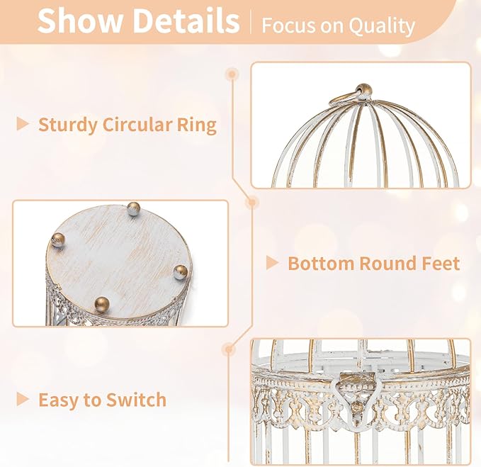 NUPTIO Candle Holders for Pillar Candles: 2 Set of 7.7 inch H Antique White Bird Cages Lantern Wedding Centerpiece Small Metal Hanging Pillars Holder for Bridal Shower Party Table Decorations-Ruum Studio Home