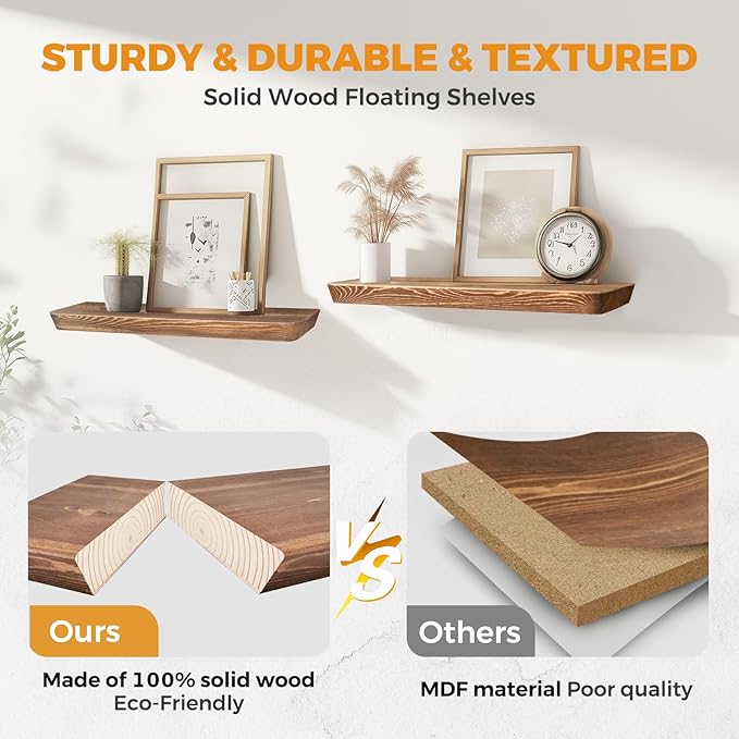 24"x6.8"x1.6" Slanted Floating Wall Shelves 2-Pack - Rustic Brown Finish, Heavy-Duty Solid Wood Design with Hidden Brackets - Perfect for Living Room, Kitchen, Bathroom, or Office-Ruum Studio Home