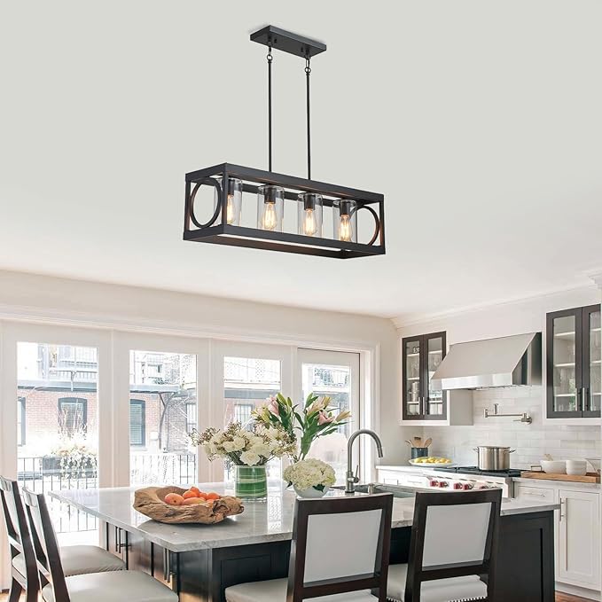 XINGQI Black Kitchen Island Light Fixtures Over Table, 31.5" Rectangular Linear Chandeliers Farmhouse Dining Room Pendant Ceiling 4-Light with Glass Lampshade for Living Room Bar Office-Ruum Studio Home