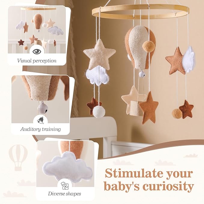 Baby Mobile for Crib, Baby Crib Mobile for Boys Girls, Baby Mobile for Bassinet, Boho Nursery Mobile, Nursery Decor Theme for Infant Bedroom Hanging, Gender Neutral Baby Gift (Hot Air Balloon)-Ruum Studio Home