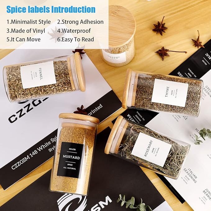 12 Pcs Glass Spice Jars With 296 Spice Labels Preprinted of White and Black Color- 10oz Thicken(2.4mm) Spice Containers With Bamboo Airtight Lids - Empty Small Herb Seasoning Jars-Ruum Studio Home