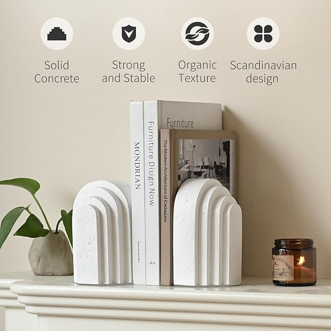 Decorative Bookends for Shelves, Set of 2 Book Ends for Heavy Books, Layered Arch Design White Bookend-Ruum Studio Home