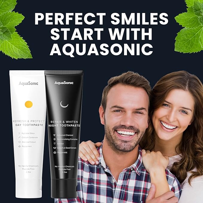 AquaSonic Complete Care Toothpaste - Refresh & Protect Day, Repair & Whiten Night - Fluoride Free Natural, Anti-cavity, Anti-plaque, Reharden, Strengthen, Whiten, Detoxify-Ruum Studio Home