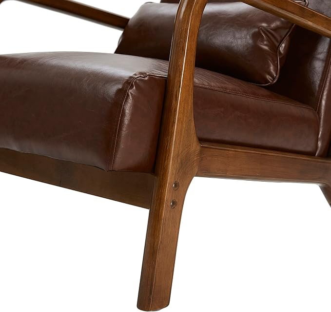 Glitzhome 30.75 "H Mid Century Coffee Accent Armchair, Single Reading Armchair PU Leather Lounge Chair with Walnut Ruberwood Frame-Ruum Studio Home