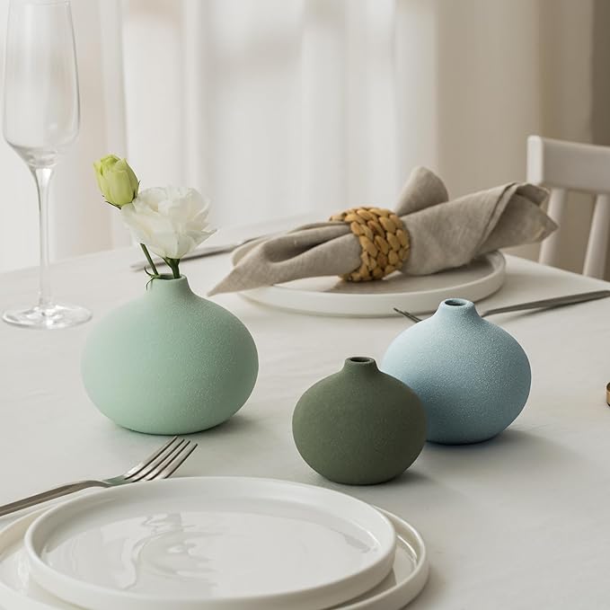 Ceramic Vase Set of 3, Mini Flower Vase for Home Decor, Modern Vase, Small Flower Vases for Dining Table Centerpieces,Living Room,Shelf,Mantel and Entryway Display-Ruum Studio Home
