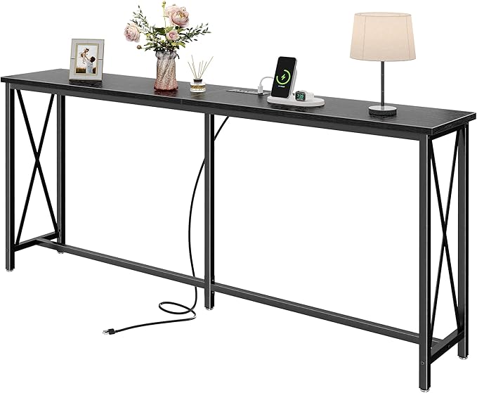 SUPERJARE 70 Inch Console Table with Outlets and USB-C Port, Extra Long Behind Couch Sofa Table with X-Shaped Design, Narrow for Entryway, Living Room, Metal Frame, Wooden Top, Black-Ruum Studio Home