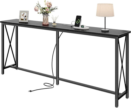 SUPERJARE 70 Inch Console Table with Outlets and USB-C Port, Extra Long Behind Couch Sofa Table with X-Shaped Design, Narrow for Entryway, Living Room, Metal Frame, Wooden Top, Black-Ruum Studio Home