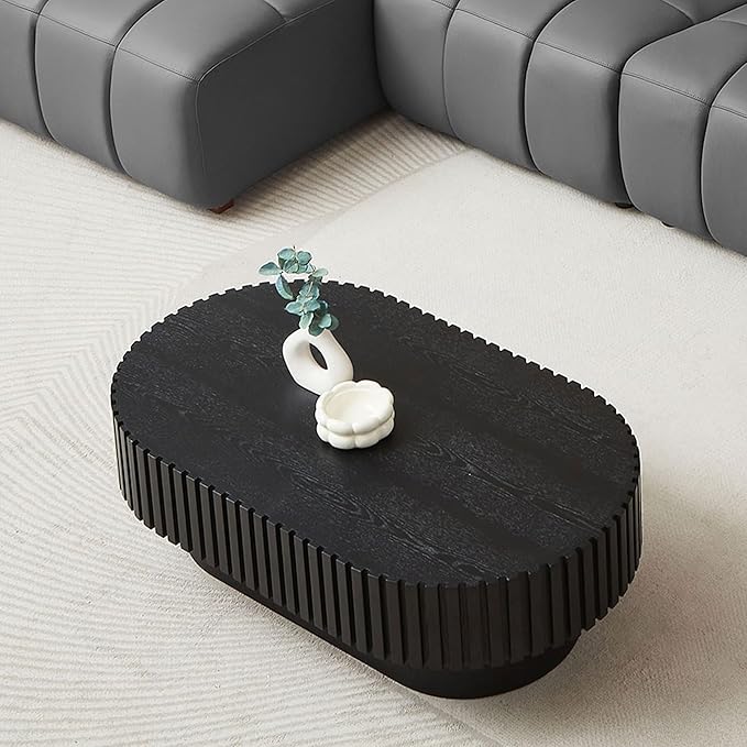 43.7" Oval Coffee Table for Living Room,Modern Handcraft Drum Coffee TableSmall Wooden Coffee Table with Sturdy Pedestal Easy Assembly for Office-Black-Ruum Studio Home