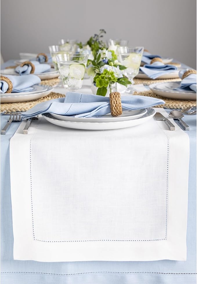 Solino Home Linen White Table Runner 72 Inches Long - 100% Pure Linen Hemstitch Table Runner 14 x 72 Inch for Dresser, Dining, Fall, Autumn, Halloween, Thanksgiving - Classic Hemstitch-Ruum Studio Home