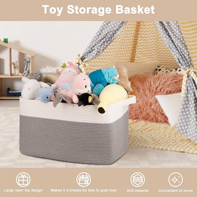 OIAHOMY 95L Blanket Basket, 24”x17”x14”, Large Woven Baskets for Storage, Nursery Cotton Rope Basket with Handle, Living Room, Nursery, Bedroom,Toy Baskets Organizer Bins, Grey & White-Ruum Studio Home