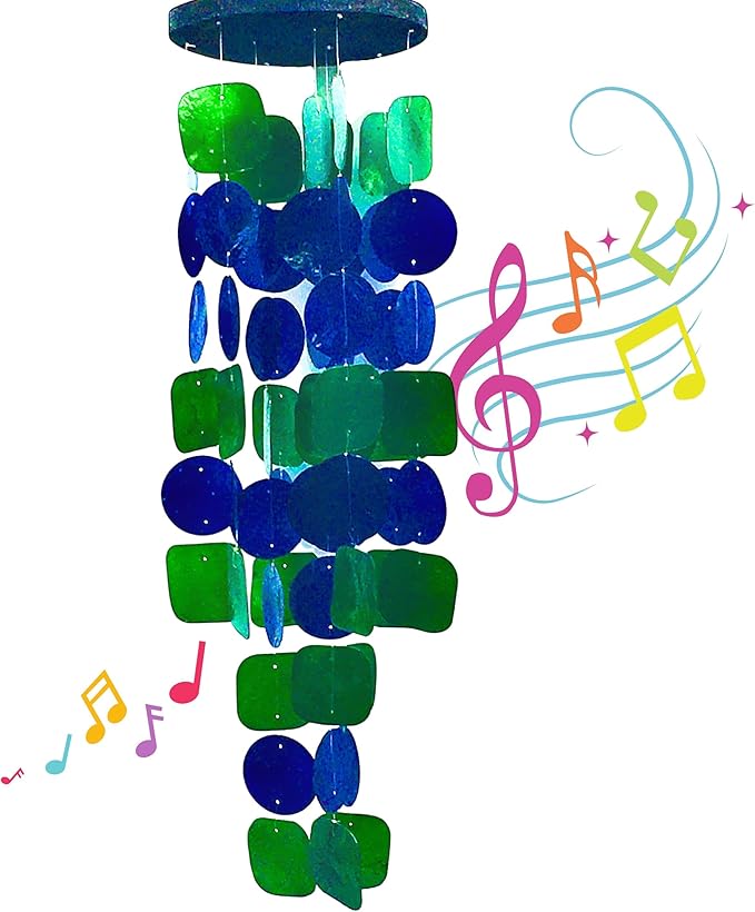 Bellaa 24858 Wind Chimes Outdoor, Garden Decorations, Musical, Indoor/Outside Windchimes, Beach, Ocean Breeze, Gifts for Mom, Gift for All Occasions, Capiz Sea Glass Shells Wood 27 inch Green Blue-Ruum Studio Home