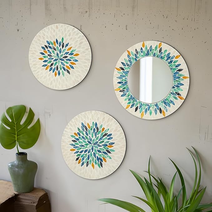 TEIPAI Jewel-Tone Mother of Pearl Mirror Wall Decor for Living Room, 3PCS Handmade Round Wall Art for Home Guest Room Decoration, Unique Mosaic Art Gift for Birthday Wedding Housewarming (Colored)-Ruum Studio Home