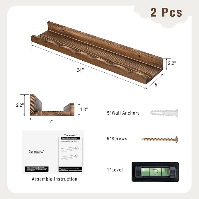 Fun Memories Picture Ledge Shelf for Wall, 24 inch Pine Wood Nursery Book Shelves Set of 2- Wall Book Shelves for Kids Room, Home Decor - Kitchen Spice-Carbonized-Ruum Studio Home