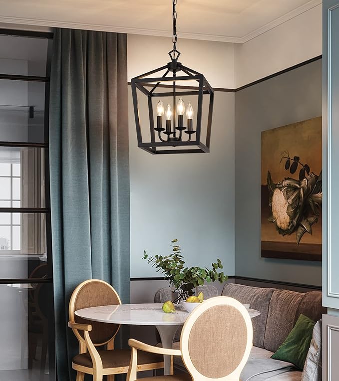 AMZASA Farmhouse Rustic Black Lantern Chandelier Hanging Light Fixture 4-Lights for Kitchen Island Dining Room Hallway Entryway Foyer UL Listed-Ruum Studio Home
