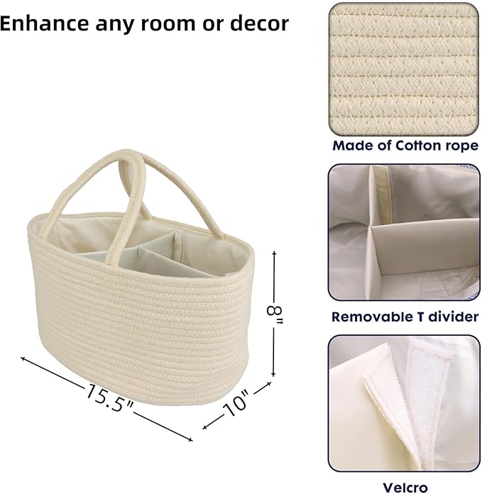 Diaper Caddy Organizer Cotton Rope Baby Basket Nursery Storage and Portable Tote Bag for Car Ideal Baby Shower Gifts and Registry Must-Have for Newborn Essentials Large beige-Ruum Studio Home