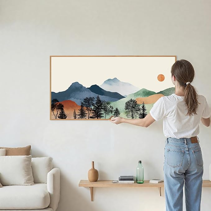 SIGNINART Large Boho Mountains Framed Canvas Wall Art, Watercolor Nature Landscape Art Prints, Neutral Modern Sunrise Art Paintings, Green Forest Wall Decor for Living Room, Bedroom, Office 20"x40"-Ruum Studio Home