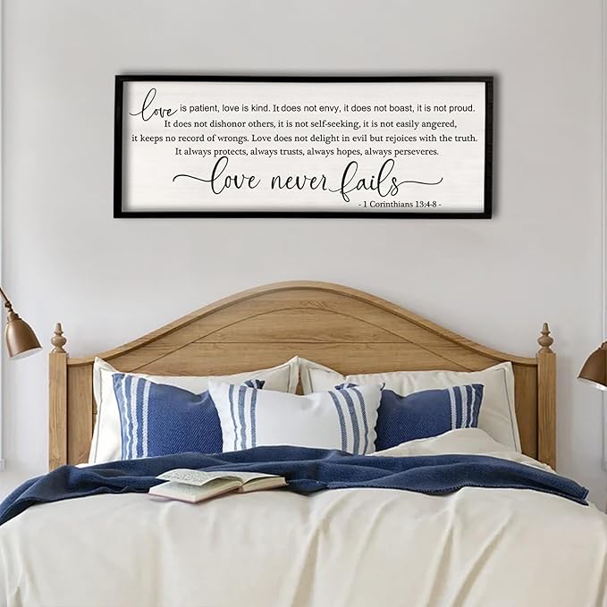flowtorely Love is Patient, Kind Wall Art Decor 40"X15" Love Never Fails Sign 1 Corinthians 13 Bedroom Above Bed Large Bible Verse Quote Scripture Christianity Hanging Sign (Black)-Ruum Studio Home