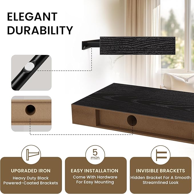 Floating Shelves for Wall, 40" W x 8" D x 1.5" H, Wooden Wall Mounted Display Shelves with Invisible Brackets for Living Room, Bedroom, Bathroom, Kitchen Decor and Storage, Set of 2, Black-Ruum Studio Home