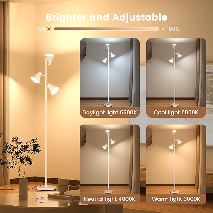 36W LED Tree Floor Lamp, Dimmable Tall Standing Lamp with Remote & Touch Control, 4 Color Temperatures Bright Floor Lamp, 3 Rotatable Light Modern Floor Lamps (White)-Ruum Studio Home