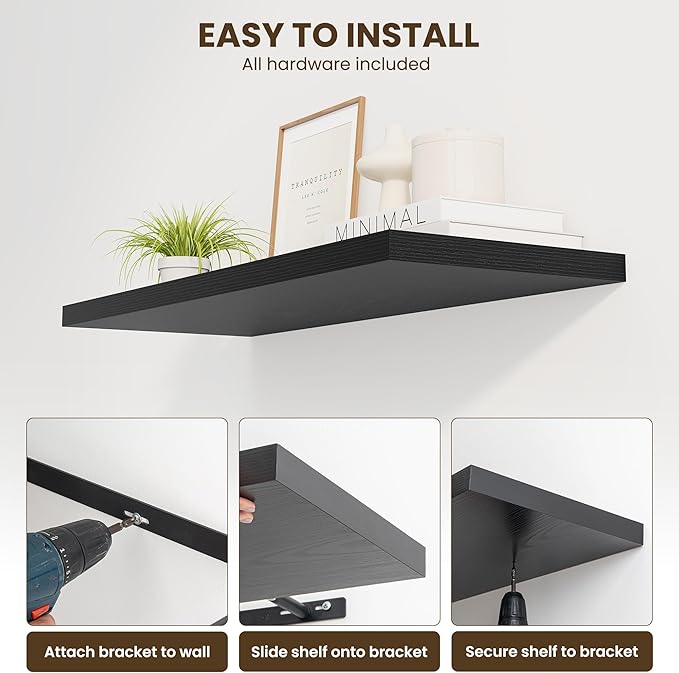 24" Floating Shelves for Wall, 12" Deep Slim Black Floating Shelves, Wall-Mounted Shelves for Bedroom, Living Room, Kitchen, Bathroom - Set of 2-Ruum Studio Home