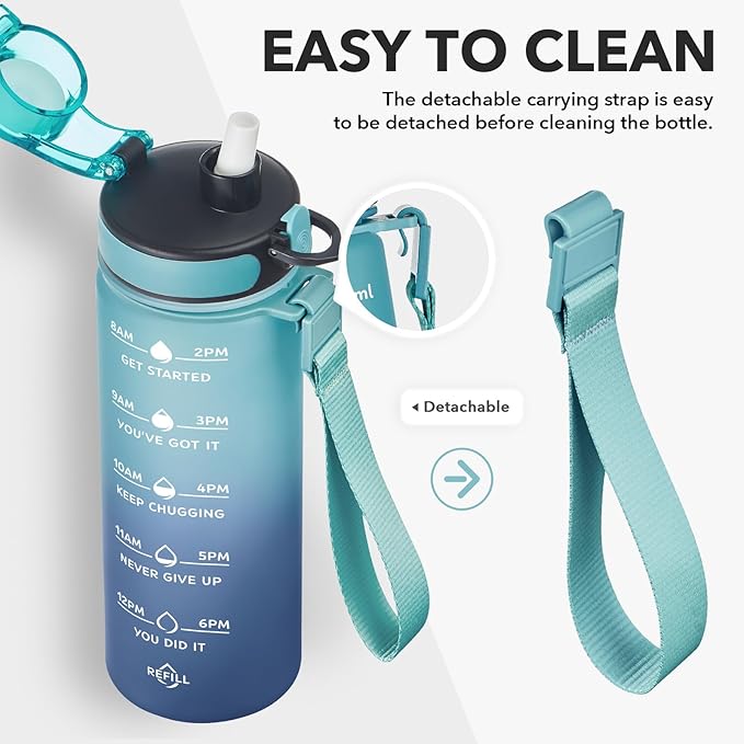 Enerbone Water Bottle, Leakproof BPA & Toxic Free, Motivational Water Bottle with Times to Drink and Straw, Fitness Sports Water Bottle with Strap for Office, Gym, Outdoor Sports-Ruum Studio Home