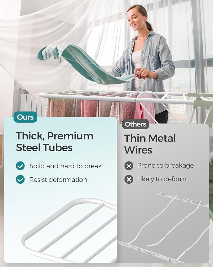 SONGMICS Clothes Drying Rack, Foldable 2-Level Laundry Drying Rack, Free-Standing Laundry Airer, with Height-Adjustable Wings, 33 Drying Rails, Sock Clips, White and Green ULLR053C01V1-Ruum Studio Home