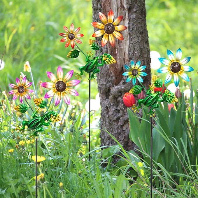 3 Pack Frog＆Flowers Garden Stakes Decor,Metal Yard Art Decorative Garden Stakes,Metal Flowers Spring Outdoor Decor for Mom,Women,Grandma-Ruum Studio Home