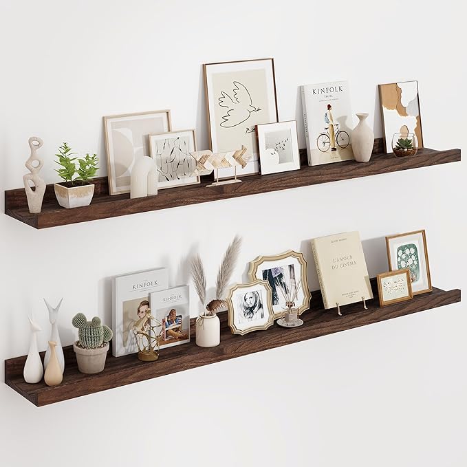 Floating Picture Ledge Shelves 55 Inch Solid Oak Wood Set of 2, Rustic Wall Storage Shelves with Lip, Kids Bookshelf, Photo & Picture Ledge Shelves for Bedroom, Living Room, Kitchen-Ruum Studio Home