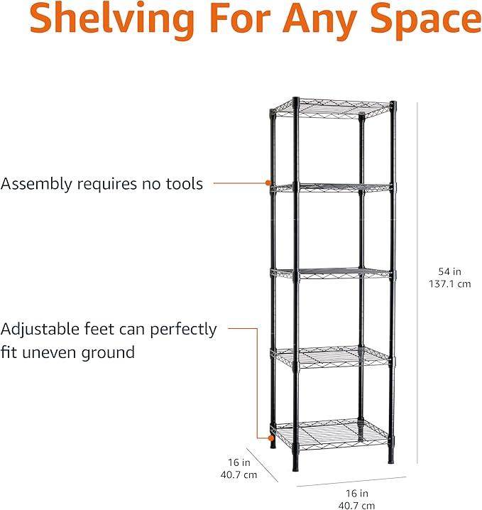 Amazon Basics 5-Shelf Tower Adjustable Storage Shelving Unit, Black, 16 D x 16 W x 54 H in-Ruum Studio Home