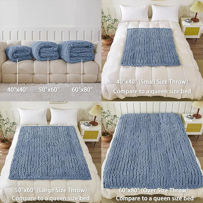 WESHIONGOO Chunky Knit Blanket Throw 40"×40" Knitted Throw Blankets for Couch Bed Fluffy Soft Blanket with Jumbo Chenille Yarn Thick 100% Handmade (Dusty Blue)-Ruum Studio Home