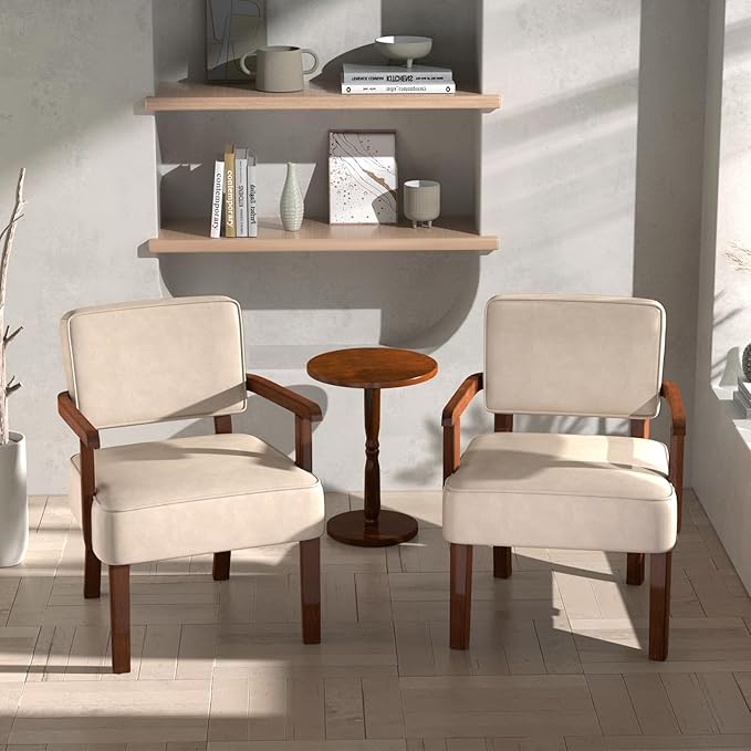 Accent Chair Set of 2 with Table, PU Leather Chair for Living Room Oversized Armchair with Soft Seat and Armrests for Bedroom Dinning Reading Waiting Room (Leather Beige)-Ruum Studio Home