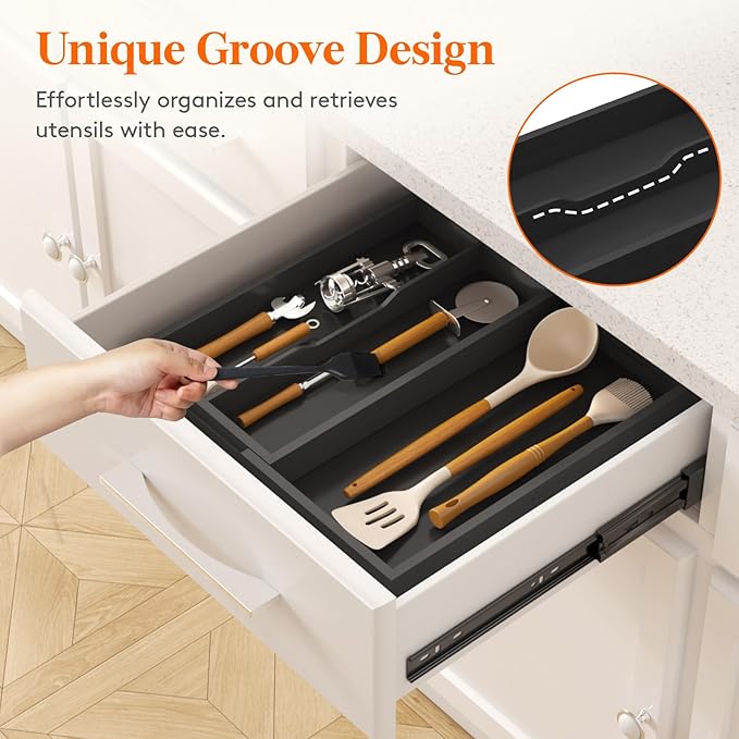 Lifewit Utensil Drawer Organizer, Expendable Cooking Silverware Tray for Kitchen Drawer, Bamboo Adjustable Cutlery Flatware Holder, Spatula Tools and Gadgets Storage Divider, 3 Compartments, Black-Ruum Studio Home