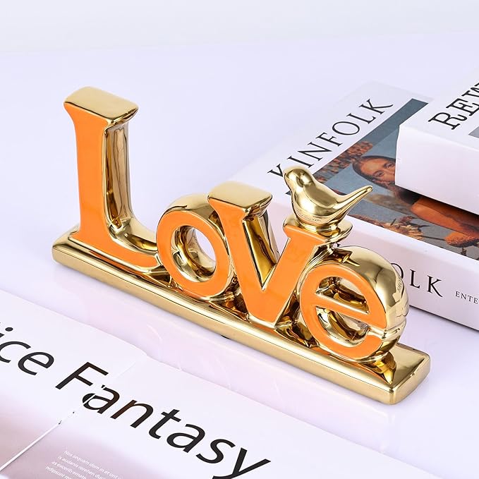 Love Sign Decoration,Orange and Gold Love Signs for Home Decor,Gold Bird Sculpture Personalized Love Decor,Gold Style Figurine Decorative Ornaments for Living Room,Bedroom,Cabinets (Love, Orange)-Ruum Studio Home
