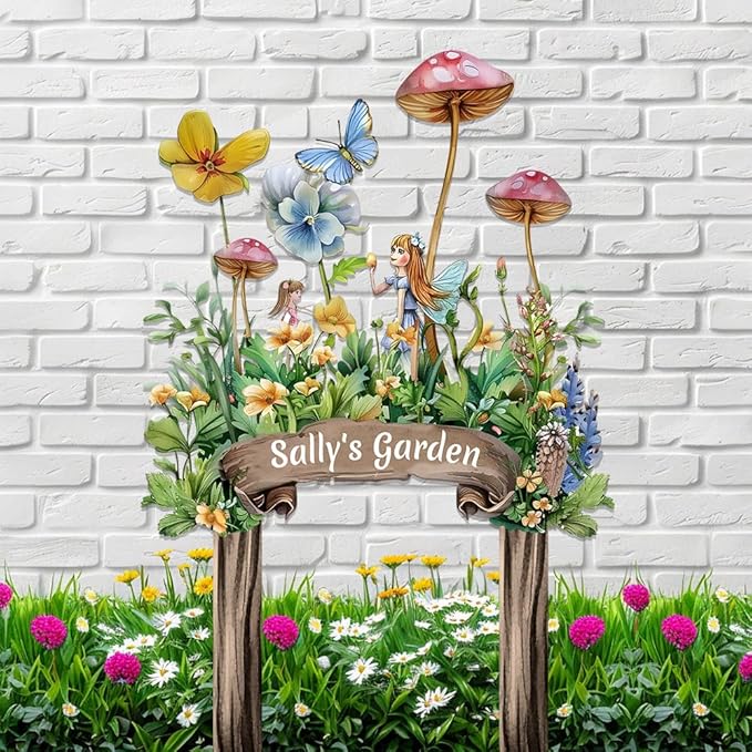 Personalized Cute Fairy Metal Sign with Stake,Custom Gardener Family Name Signs Outdoor Decor,Customized Butterfly Gardening Gifts for Mother,Flowers Plaques Decorate for Garden Patio Lawn Porch Yard-Ruum Studio Home