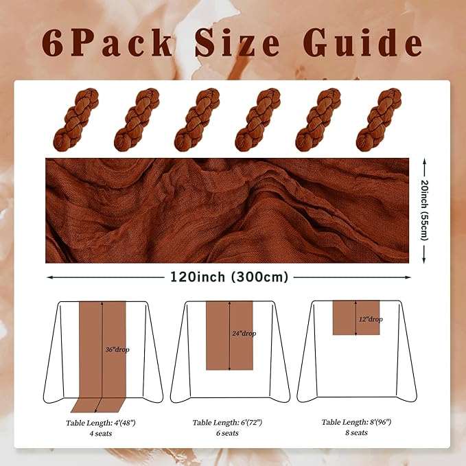 6 Pack Terracotta Cheesecloth Table Runner 10FT Boho Rustic Cheese Cloth Table Runner for Wedding 20 x 120 Inch Long Bridal Shower Baby Shower Gauze Fabric Sheer Birthday Party Table Decorations-Ruum Studio Home