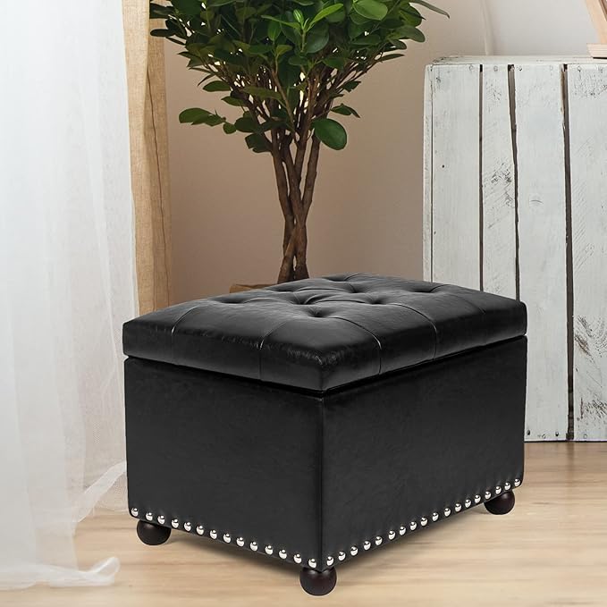 Joveco Leather Storage Ottoman, 24" Rectangle Tufted Foot Rest Stool, for Living Room Bedroom, Midnight Black-Ruum Studio Home