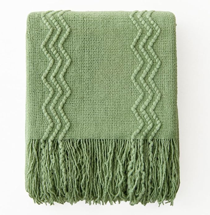 MIULEE Sage Green Knitted Throw Blanket for Couch Textured Spring Knit Blanket with Tassels Cozy Woven Boho Bed Blanket for Sofa Bed Chair Acrylic Wave Pattern 50"x60"-Ruum Studio Home