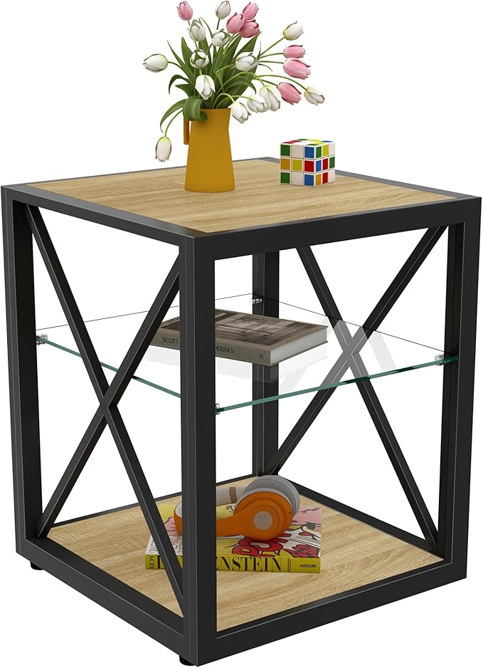 Farmhouse End Table, Modern Side Table with 3-Tier Storage Shelf, Square Rustic Nightstand, Accent Tea Table, for Bedroom Office Living Room, Brown, Natural Wood, Glass, Metal-Ruum Studio Home