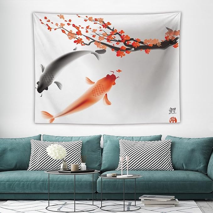 Houselerax Japanese Koi Fish Tapestry, Cherry Blossoms Asian Oriental Flower Branch Koi Fish Carp Tapestries Wall Hanging for Bedroom Living Room Office Decor 80"x60"-Ruum Studio Home