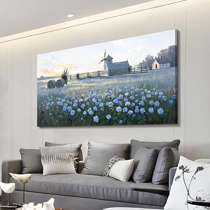 amatop Oversized Farmhouse Wall Art – Botanical Picture Flower Blue Rose & Windmill Countryside Scene Canvas Print, Large Floral Landscape Artwork Decor for Living Room Dining Room Hallway 58x29 Inch-Ruum Studio Home