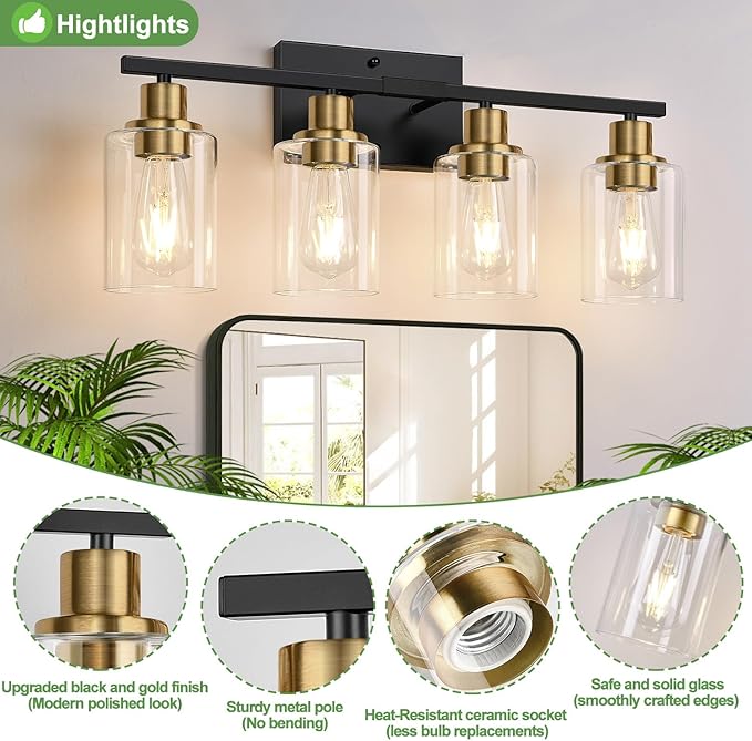 4-Light Bathroom Light Fixtures, Black and Gold Modern Vanity Lights with Clear Glass Shades, Bathroom Wall Lamp for Mirror Living Room Cabinet Bedroom Porch-Ruum Studio Home