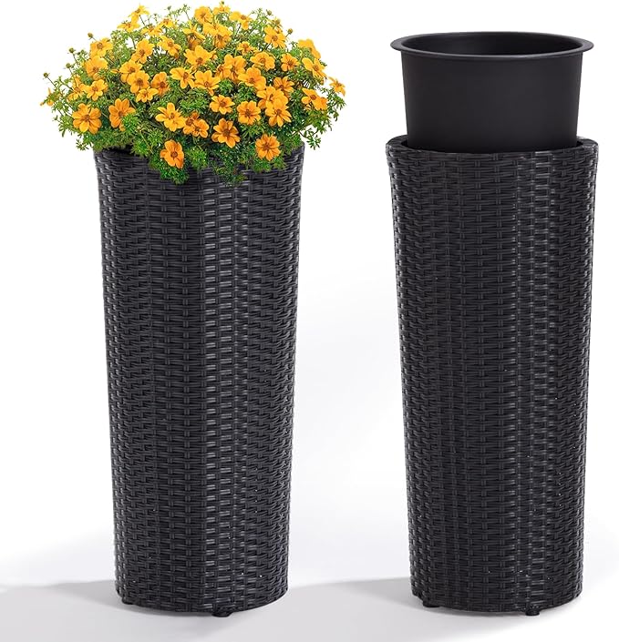IDZO All Weather Wicker Planters for Outdoor Plants Set of 2, 24 inch Tall Black Planter for Front Porch, Patio, Balcony, Indoor Usage - Round Rattan Flower Pots-Ruum Studio Home