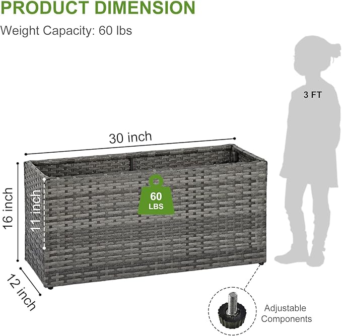LEWIS&WAYNE Large Rectangular Block Planter Box Handmade Wicker Tall Planters for Outdoor Plants with Removable Liners Modern Planter for Indoor Outdoor Patio Deck - Gray, 30''x12''x16''-Ruum Studio Home